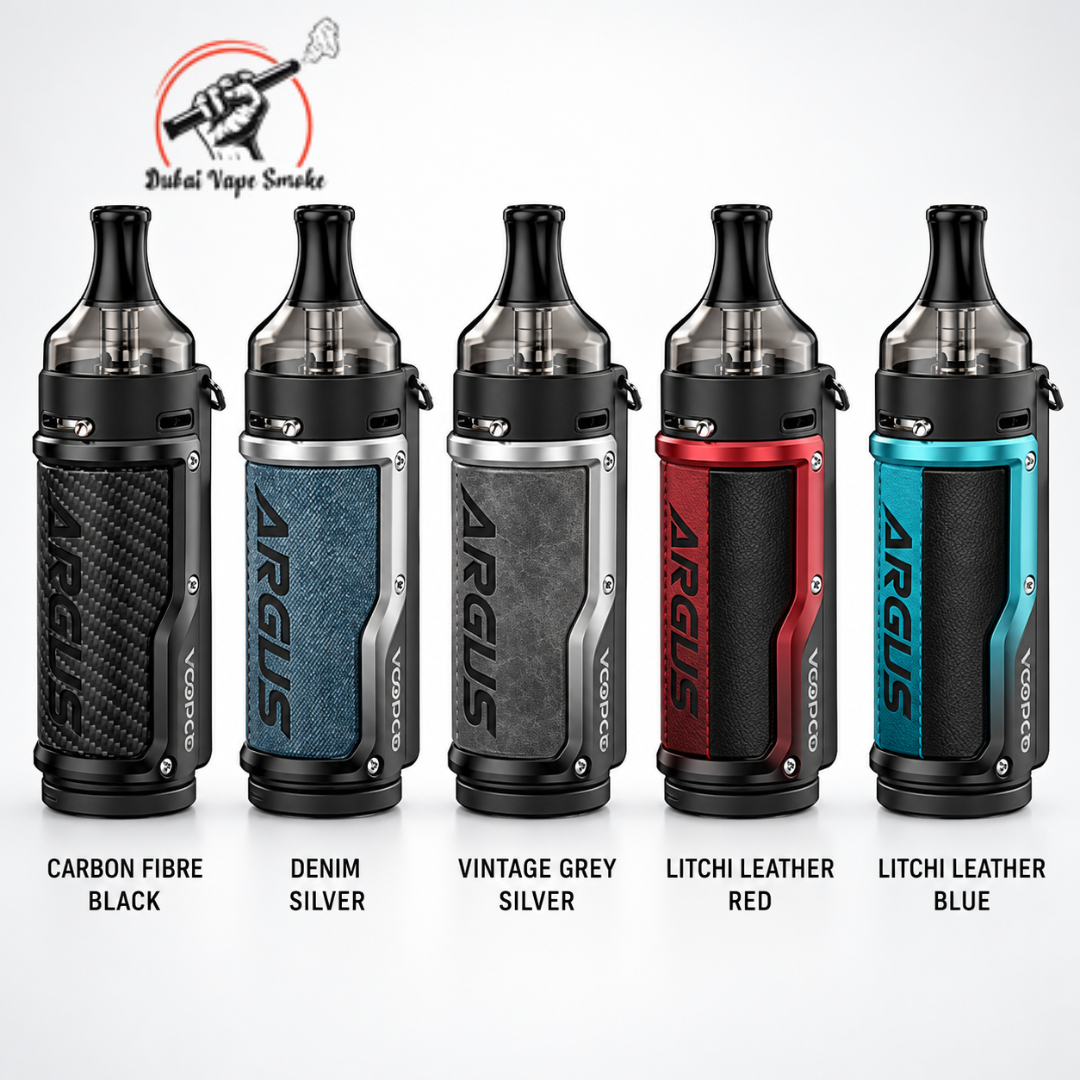 VOOPOO Argus 40W Pod Kit in alloy and leather finish with pod tank, available at Dubai Vape Smoke in the UAE.